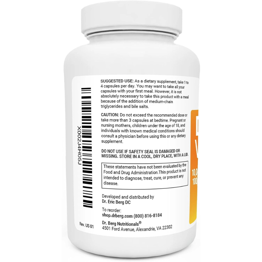 Dr. Berg Vitamin D3 K2 Supplement w/MCT Oil, 10,000 IU Vitamin D3, 120 Capsules