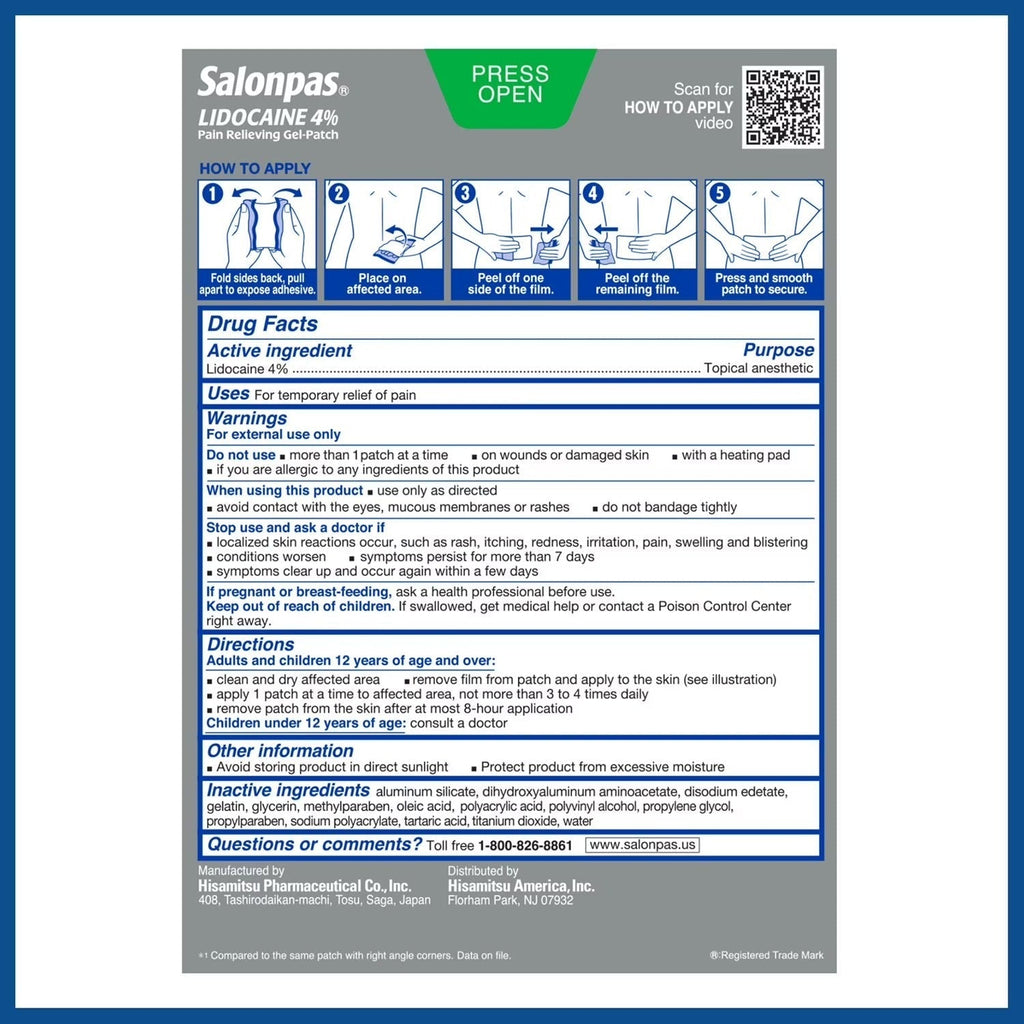 Salonpas Lidocaine Gel Patch – Fast Acting Pain Relief for Muscle & Joint Pain, 15 ct