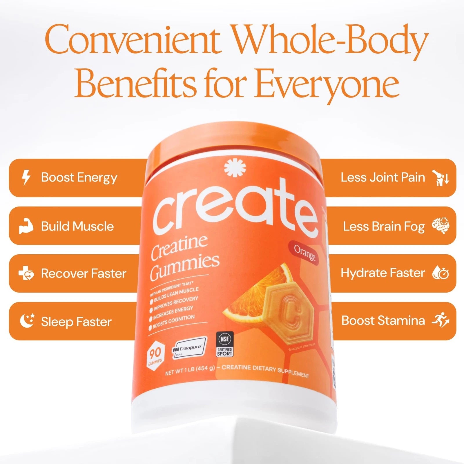 Create Creatine Monohydrate Gummies 1.5g Vegan Focus Strength 90ct Orange