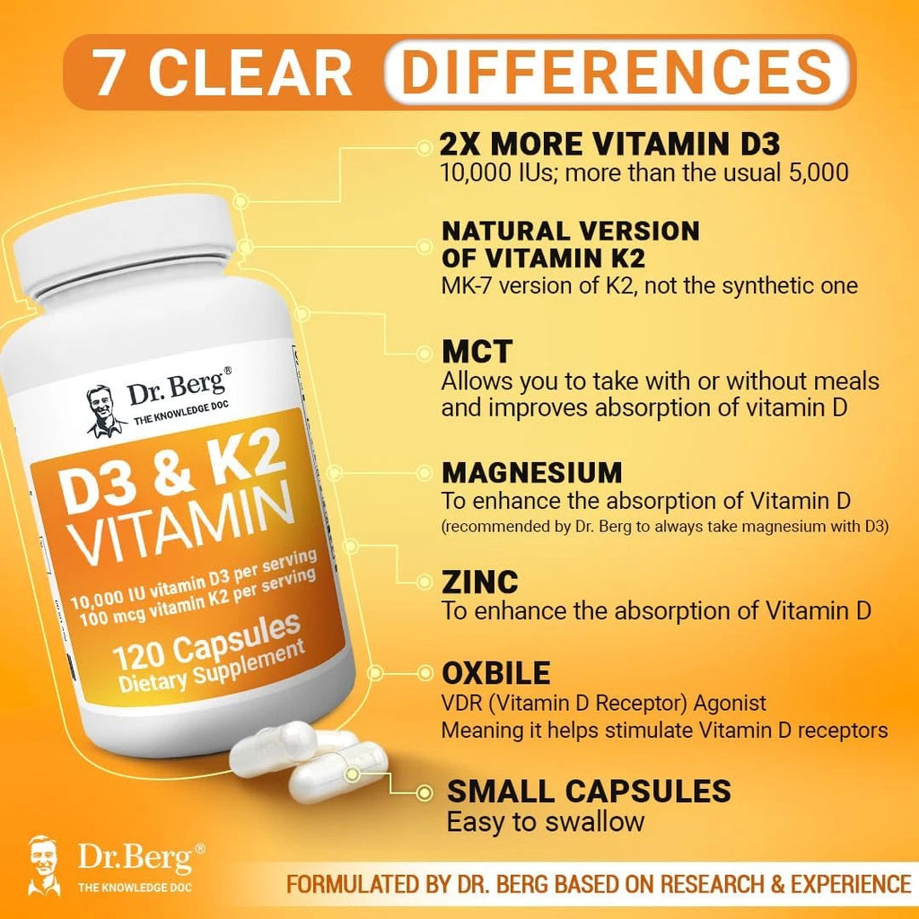 Dr. Berg Vitamin D3 K2 Supplement w/MCT Oil, 10,000 IU Vitamin D3, 120 Capsules